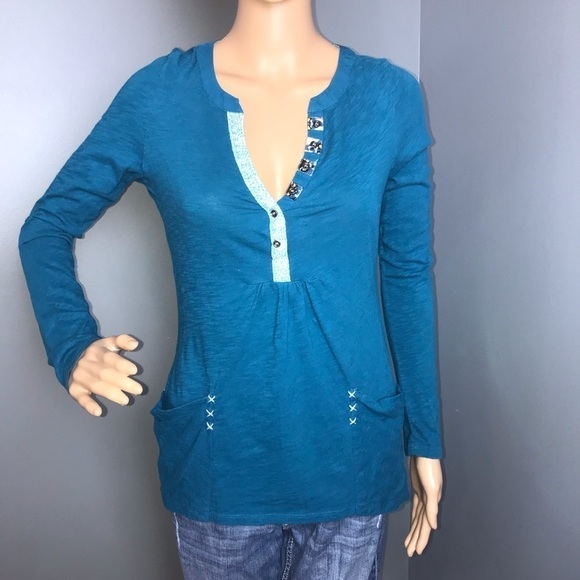 Anthropologie Little Yellow Button Teal High/Low Top – Size XS - Picture 1 of 6